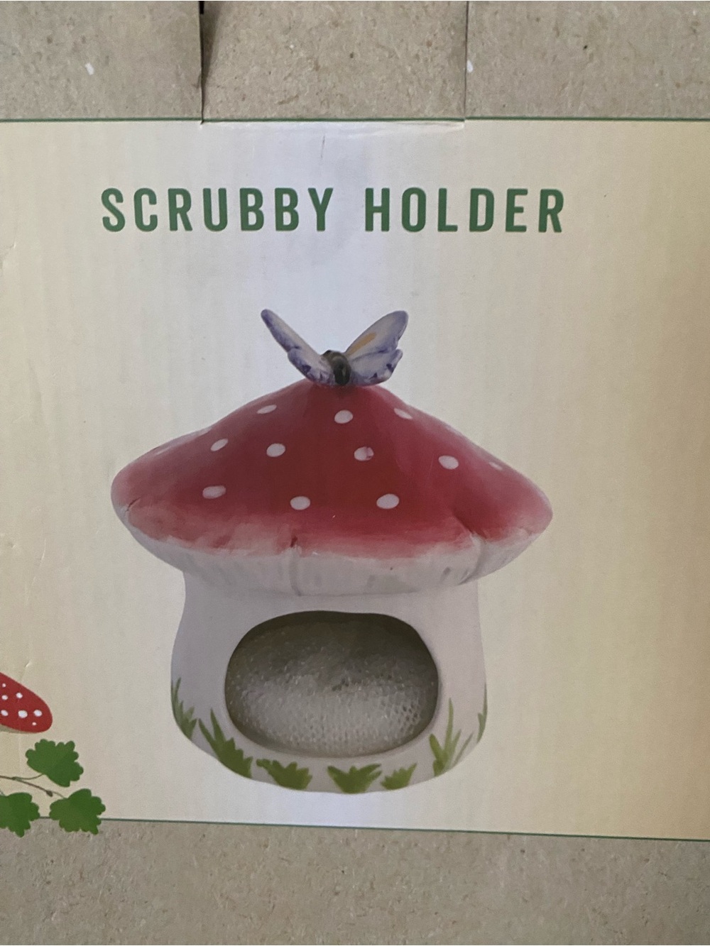 Cracker Barrel Red & White Mushroom Scrubby Holder with Butterfly Accent